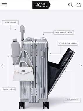 NOBL Silver Hard-Shell Carry-On luggage w/wide handle, Front Pocket, charger.NWT